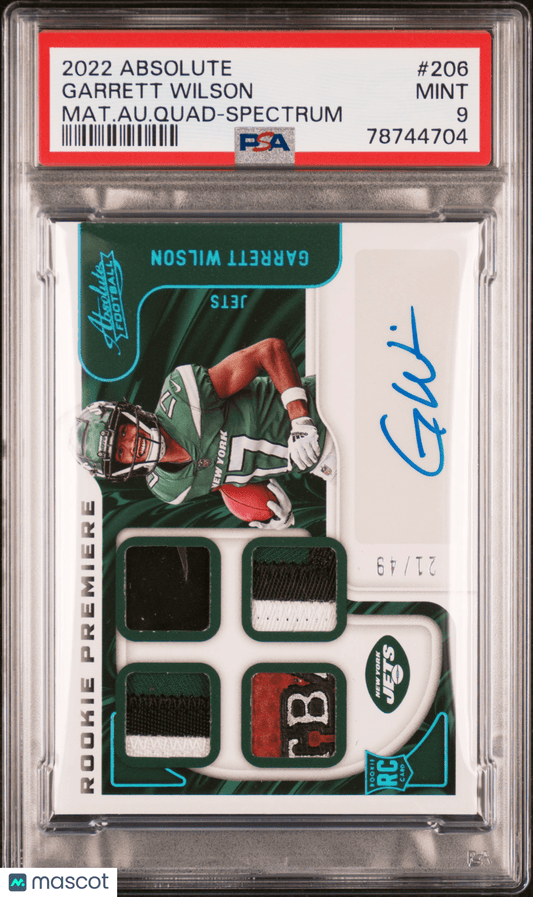 GARRETT WILSON 2022 Panini Absolute RC Rookie Autograph Patch /49 PSA 9 JETS - Columbia Hobby - Sports Card Boxes - Toploaders - Card Savers
