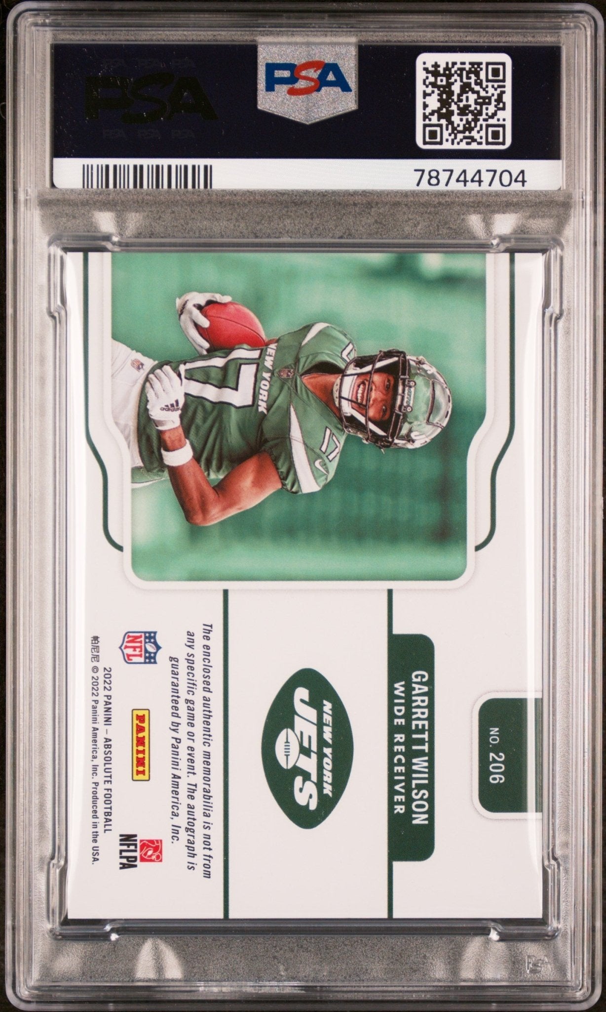 GARRETT WILSON 2022 Panini Absolute RC Rookie Autograph Patch /49 PSA 9 JETS - Columbia Hobby - Sports Card Boxes - Toploaders - Card Savers