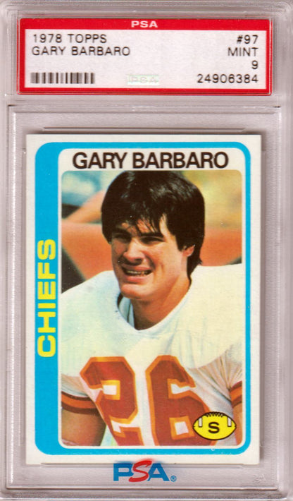 GARY BARBARO 1978 Topps #97 PSA 9 MINT - KANSAS CITY CHIEFS - Columbia Hobby - Sports Card Boxes - Toploaders - Card Savers