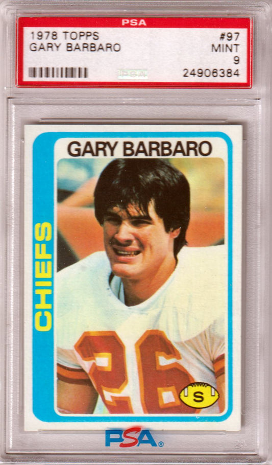 GARY BARBARO 1978 Topps #97 PSA 9 MINT - KANSAS CITY CHIEFS - Columbia Hobby - Sports Card Boxes - Toploaders - Card Savers
