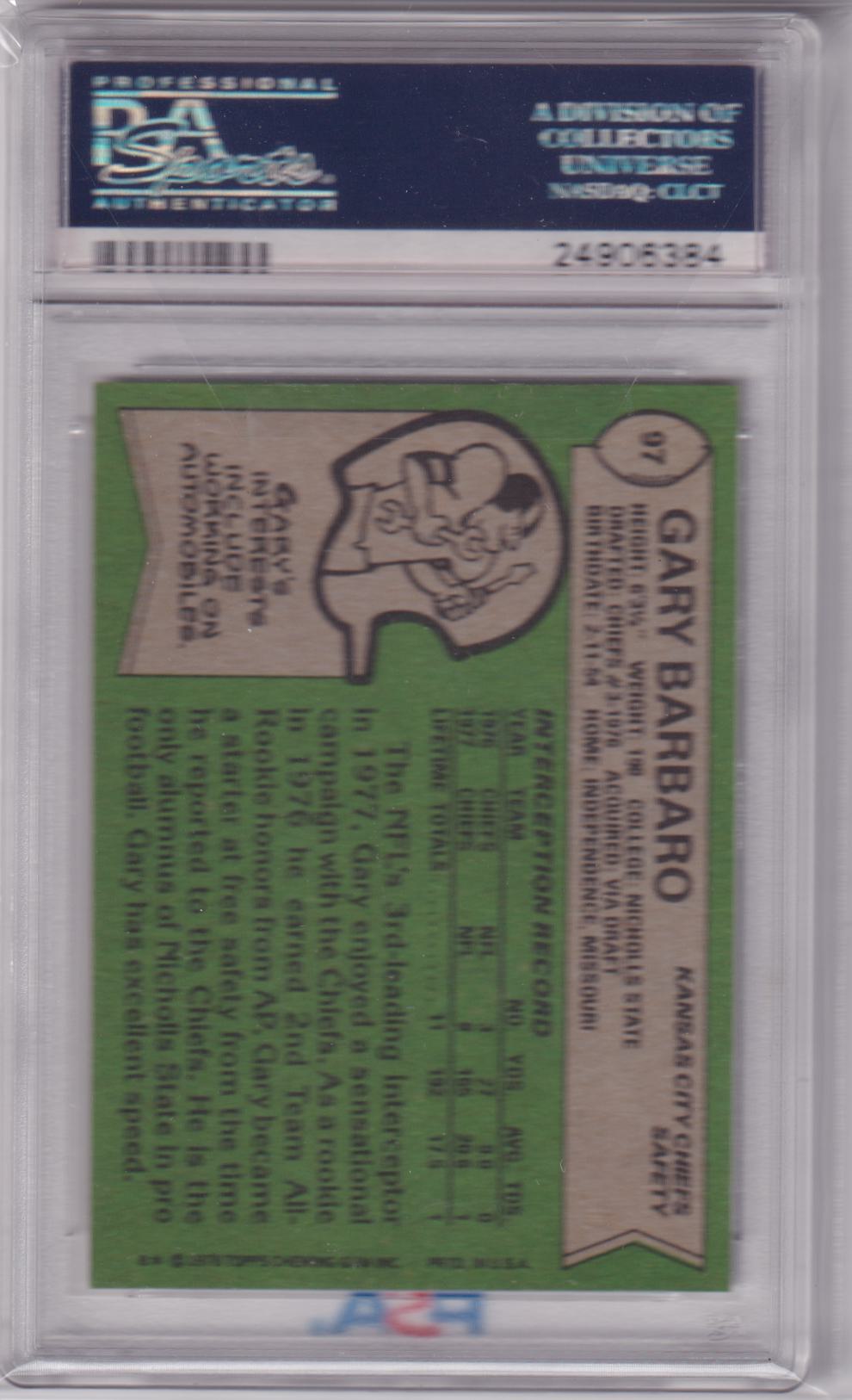 GARY BARBARO 1978 Topps #97 PSA 9 MINT - KANSAS CITY CHIEFS - Columbia Hobby - Sports Card Boxes - Toploaders - Card Savers