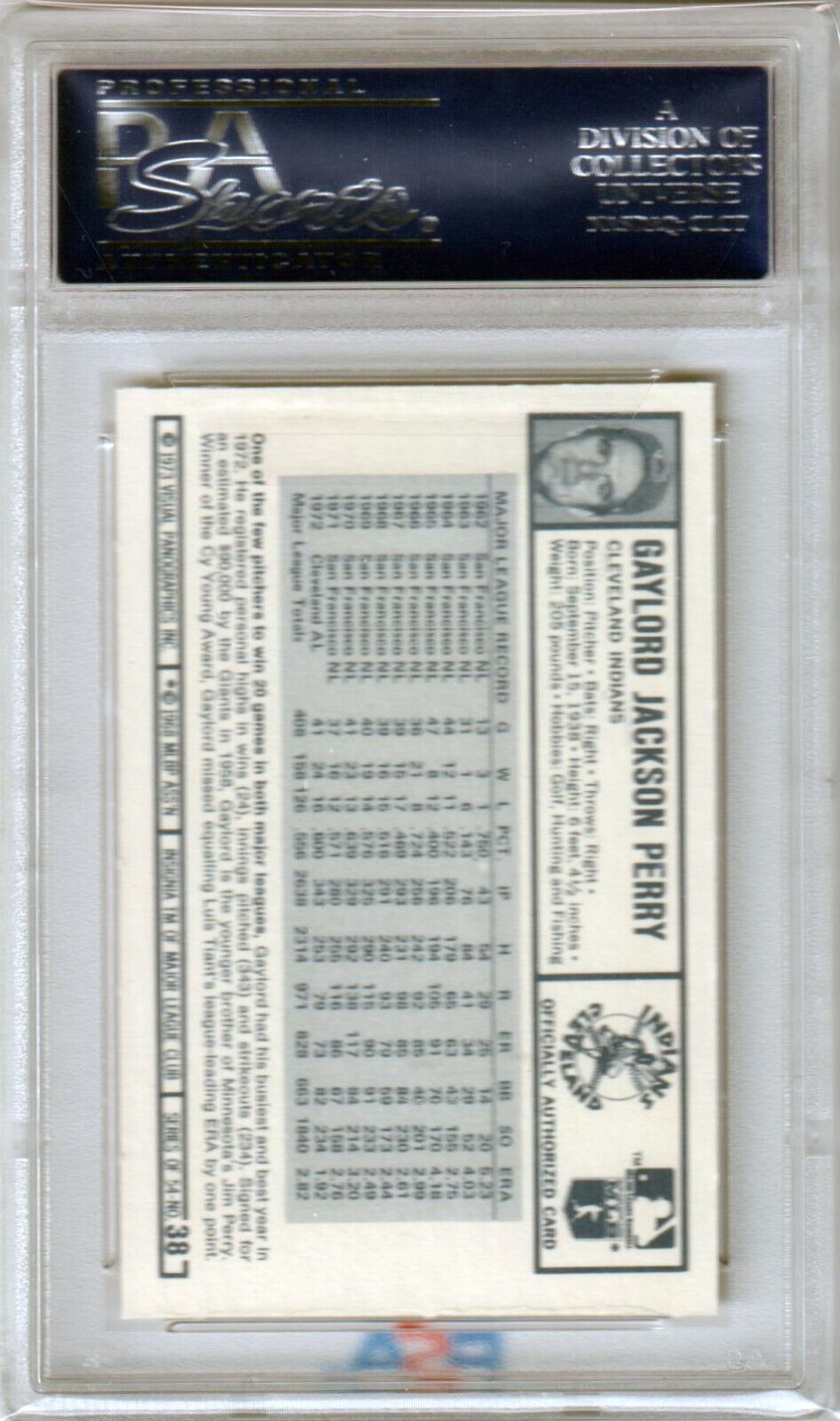 GAYLORD PERRY 1973 Kellogg's Pro Super Stars #38 PSA 9 MINT - INDIANS - Columbia Hobby - Sports Card Boxes - Toploaders - Card Savers