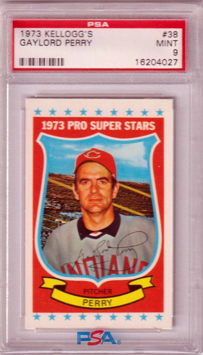 GAYLORD PERRY 1973 Kellogg's Pro Super Stars #38 PSA 9 MINT - INDIANS - Columbia Hobby - Sports Card Boxes - Toploaders - Card Savers