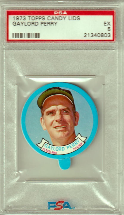 GAYLORD PERRY 1973 Topps Candy Lids PSA 5 EX - INDIANS - Columbia Hobby - Sports Card Boxes - Toploaders - Card Savers