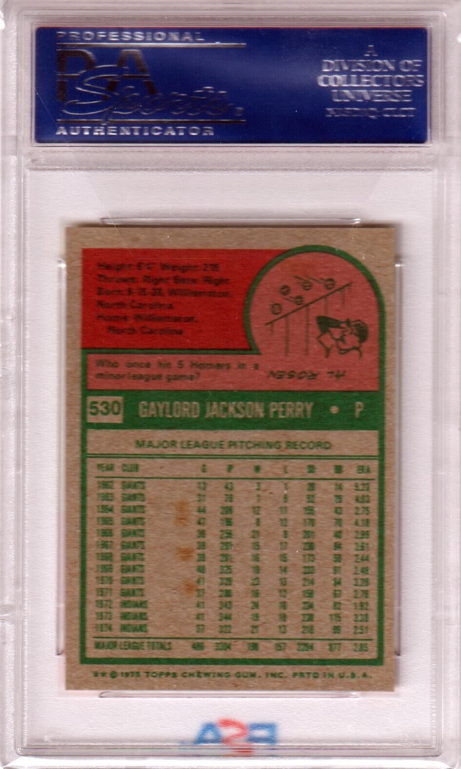 GAYLORD PERRY 1975 Topps Mini #530 PSA 8 NM - MT - INDIANS - Columbia Hobby - Sports Card Boxes - Toploaders - Card Savers