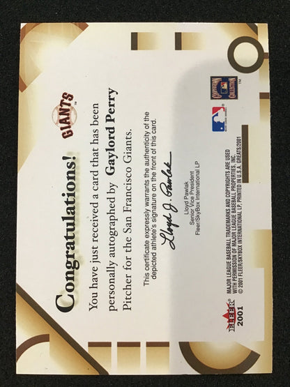 Gaylord Perry 2001 Fleer Greats of the Game Auto Giants - Columbia Hobby - Sports Card Boxes - Toploaders - Card Savers