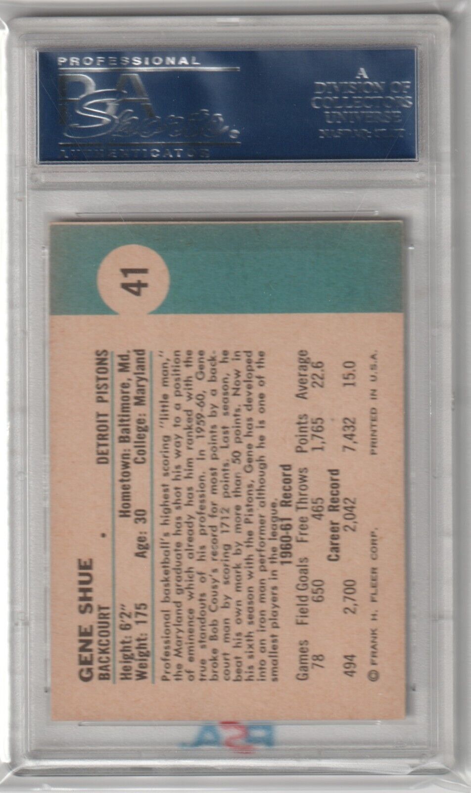GENE SHUE 1961 - 62 Fleer #41 PSA 6 EX - MT - PISTONS - Columbia Hobby - Sports Card Boxes - Toploaders - Card Savers