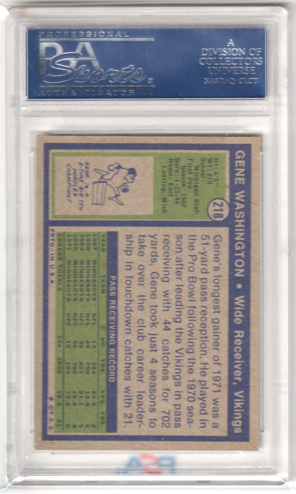 GENE WASHINGTON 1972 Topps 218 PSA 8 NM - VIKINGS - Columbia Hobby - Sports Card Boxes - Toploaders - Card Savers
