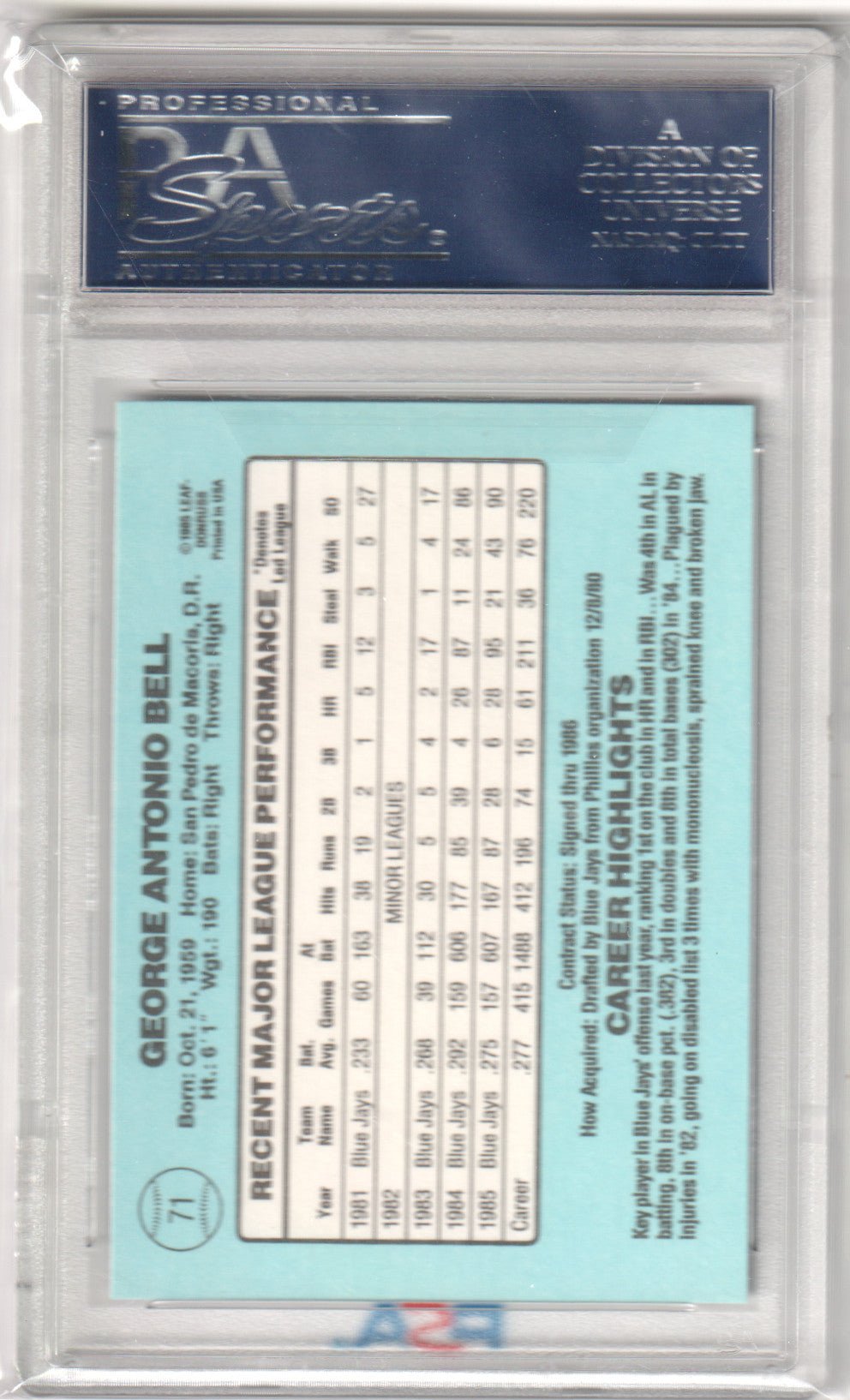 GEORGE BELL 1986 Donruss 71 PSA 10 GEM MINT - BLUE JAYS - Columbia Hobby - Sports Card Boxes - Toploaders - Card Savers