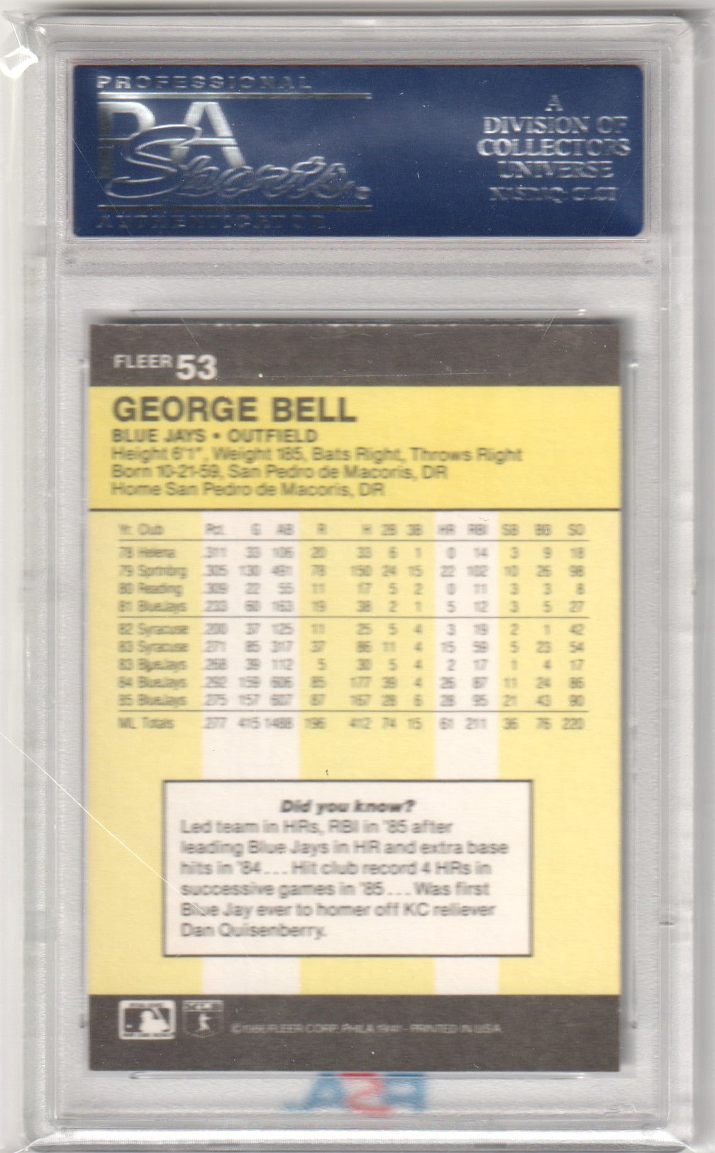 GEORGE BELL 1986 Fleer 53 PSA 10 GEM MINT - BLUE JAYS - Columbia Hobby - Sports Card Boxes - Toploaders - Card Savers