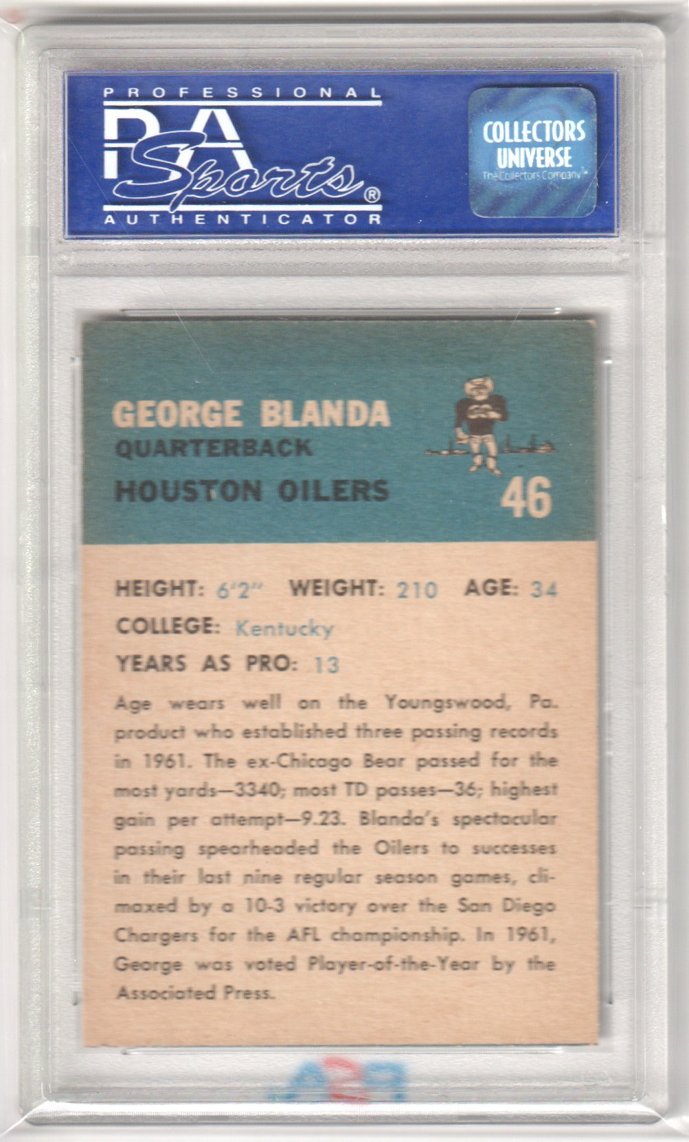 GEORGE BLANDA 1962 Fleer 46 PSA 8 NM - MT - OILERS - Columbia Hobby - Sports Card Boxes - Toploaders - Card Savers