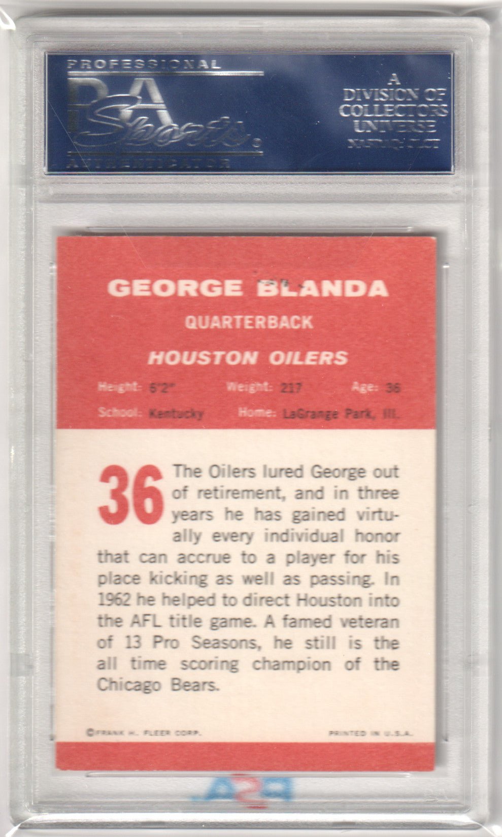 GEORGE BLANDA 1963 Fleer 36 PSA 7 NM - OILERS - Columbia Hobby - Sports Card Boxes - Toploaders - Card Savers