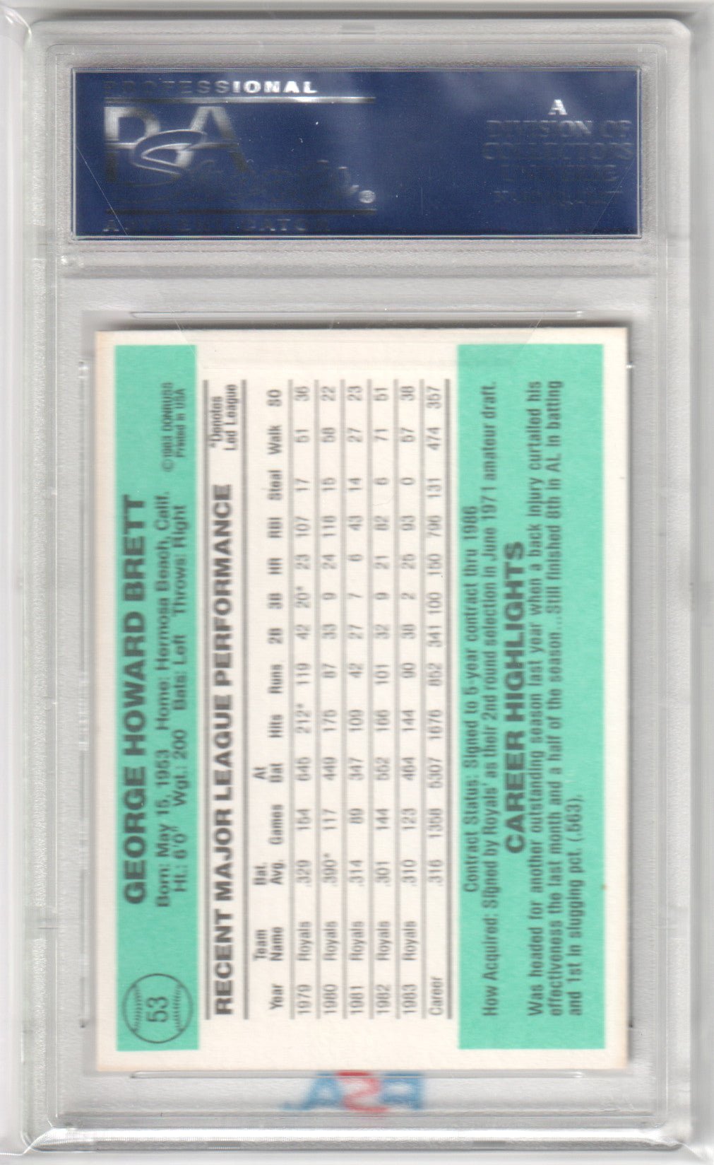 George Brett 1984 Donruss #53 PSA 9 - Columbia Hobby - Sports Card Boxes - Toploaders - Card Savers