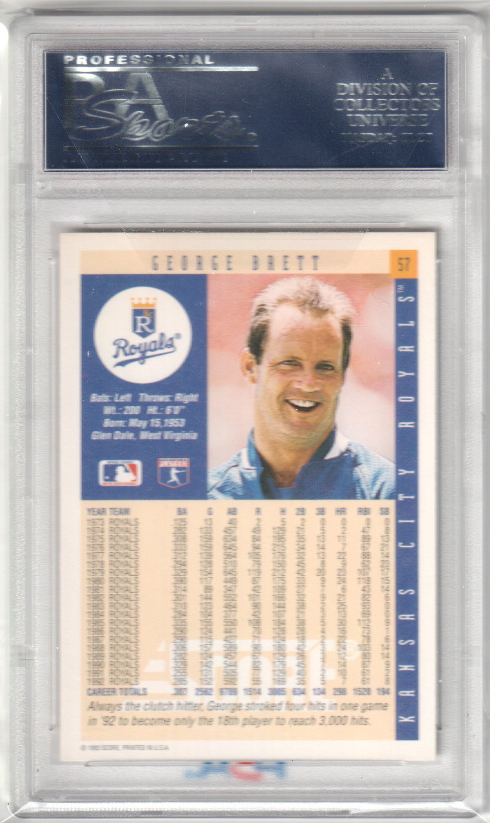 GEORGE BRETT 1993 Score #57 PSA 10 GEM MINT - ROYALS - Columbia Hobby - Sports Card Boxes - Toploaders - Card Savers