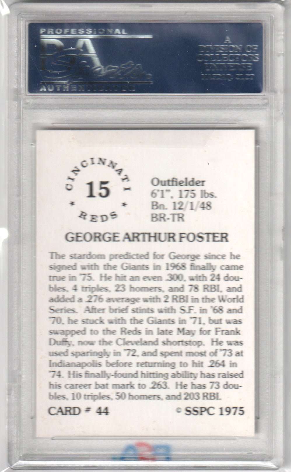 GEORGE FOSTER 1975 SSPC #44 PSA 9 MINT - REDS - Columbia Hobby - Sports Card Boxes - Toploaders - Card Savers