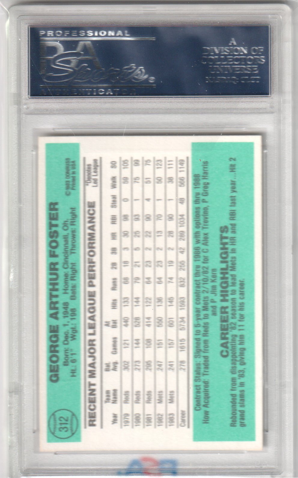 GEORGE FOSTER 1984 Donruss #312 PSA 10 GEM MINT - METS - Columbia Hobby - Sports Card Boxes - Toploaders - Card Savers