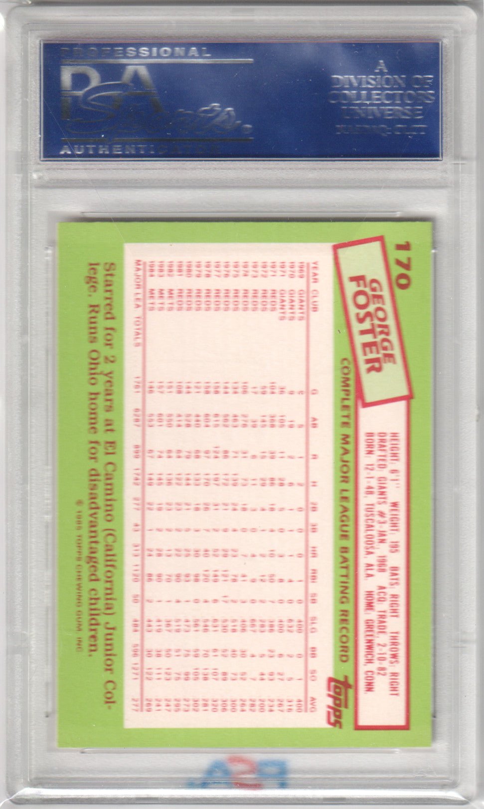 GEORGE FOSTER 1985 Topps Tiffany #170 PSA 10 GEM MINT - METS Pop 26 - Columbia Hobby - Sports Card Boxes - Toploaders - Card Savers