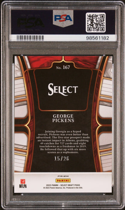 GEORGE PICKENS 2023 Panini Select Draft RC Rookie Neon Orange Pulsar /26 PSA 10 - Columbia Hobby - Sports Card Boxes - Toploaders - Card Savers