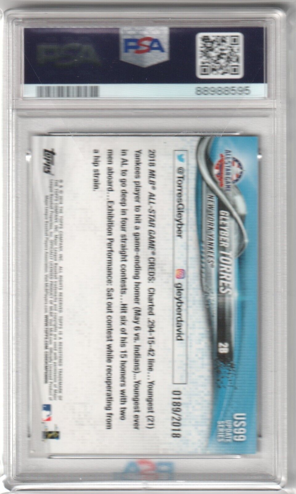GLEYBER TORRES 2018 Topps Update Gold RC Rookie #/2018 PSA 8 NM - MT - YANKEES - Columbia Hobby - Sports Card Boxes - Toploaders - Card Savers