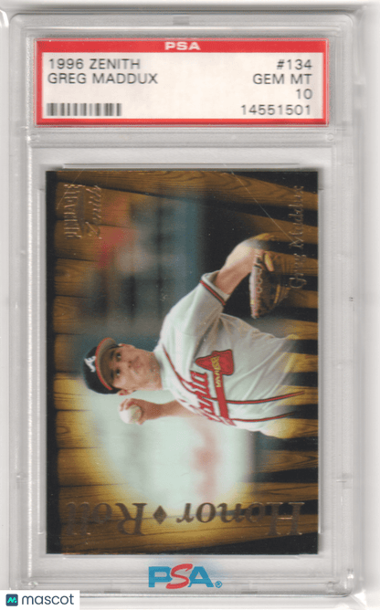 GREG MADDUX 1996 Pinnacle Zenith #134 PSA 10 GEM MINT - BRAVES - Columbia Hobby - Sports Card Boxes - Toploaders - Card Savers