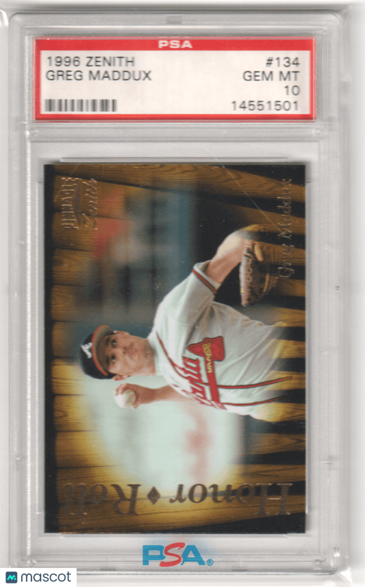 GREG MADDUX 1996 Pinnacle Zenith #134 PSA 10 GEM MINT - BRAVES - Columbia Hobby - Sports Card Boxes - Toploaders - Card Savers