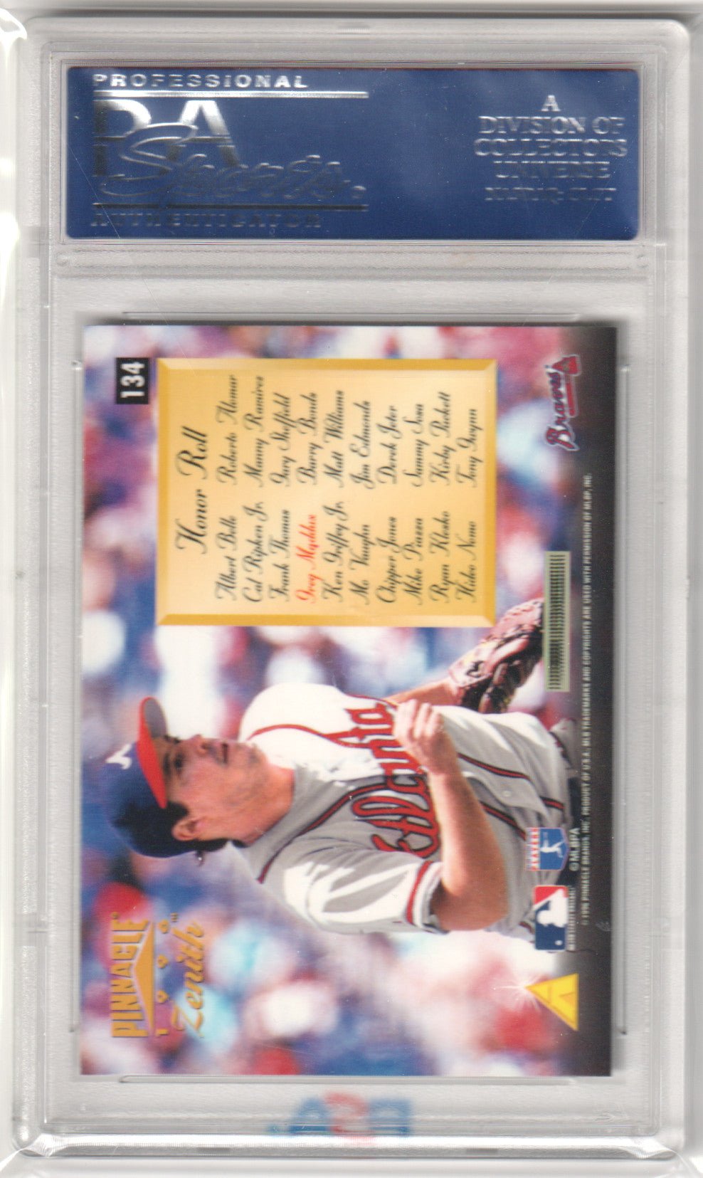 GREG MADDUX 1996 Pinnacle Zenith #134 PSA 10 GEM MINT - BRAVES - Columbia Hobby - Sports Card Boxes - Toploaders - Card Savers