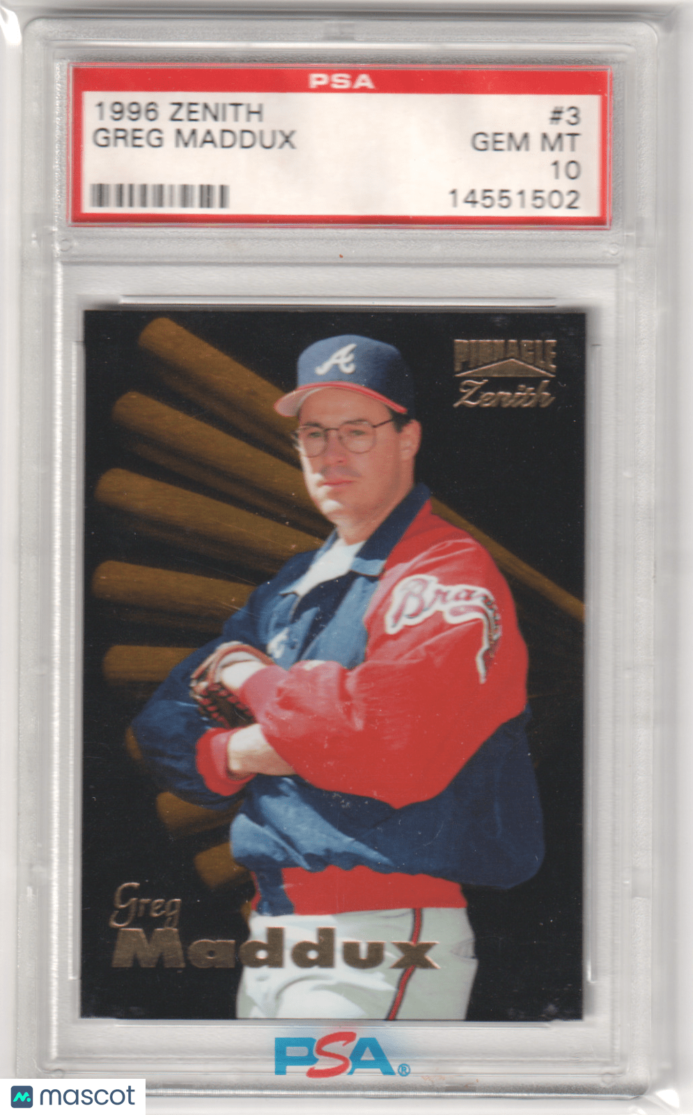 GREG MADDUX 1996 Pinnacle Zenith #3 PSA 10 - GEM MINT - BRAVES - Columbia Hobby - Sports Card Boxes - Toploaders - Card Savers