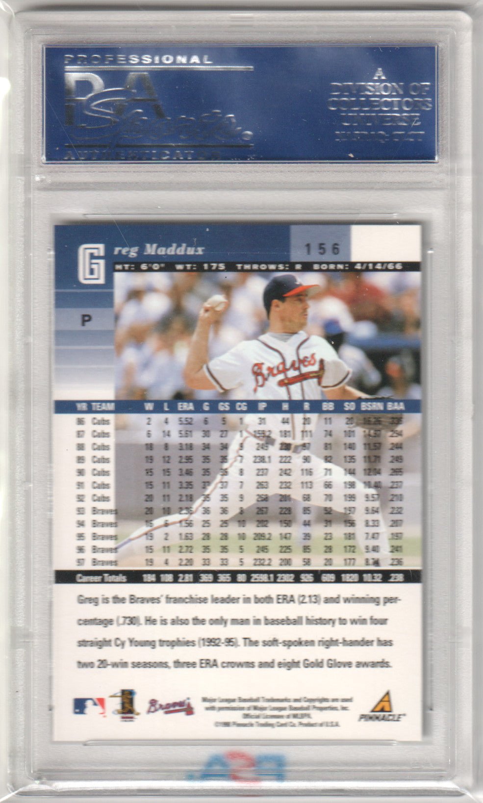 GREG MADDUX 1998 Pinnacle Plus 156 PSA 10 GEM MINT - BRAVES Pop 12 - Columbia Hobby - Sports Card Boxes - Toploaders - Card Savers
