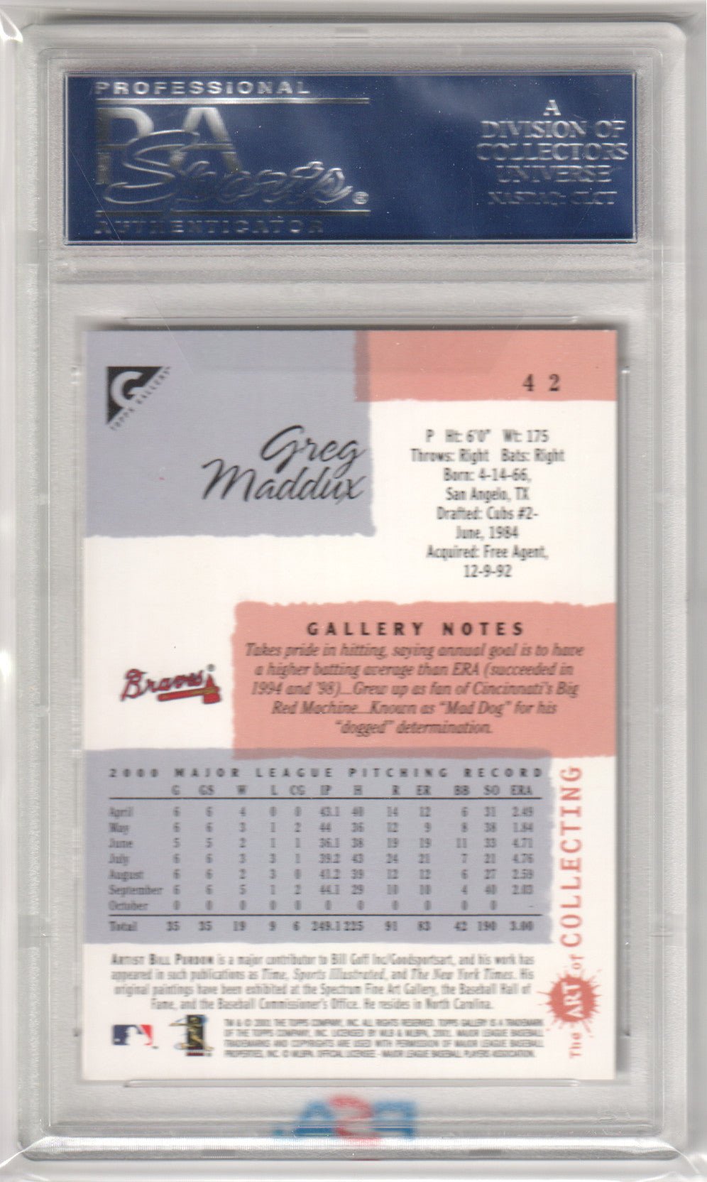 Greg Maddux 2001 Topps Gallery 42 PSA 10 - Columbia Hobby - Sports Card Boxes - Toploaders - Card Savers