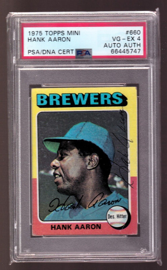 HANK AARON 1975 Topps Mini Autograph Auto #660 PSA/DNA PSA 4 - BREWERS - Columbia Hobby - Sports Card Boxes - Toploaders - Card Savers