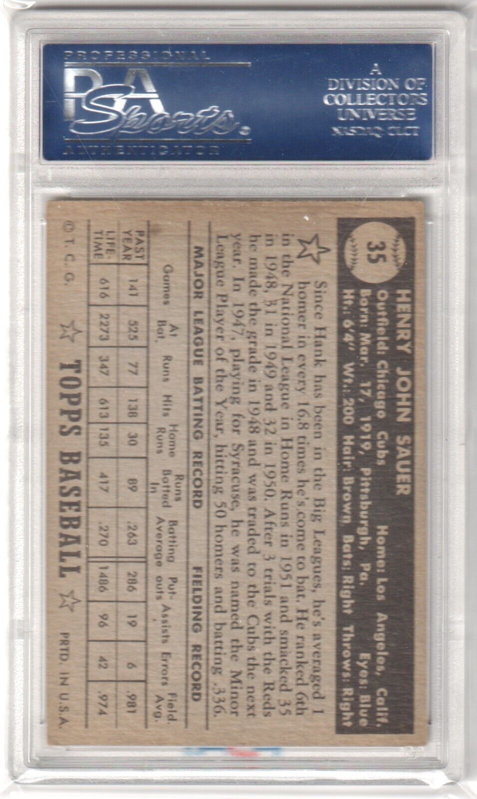 HANK BAUER 1952 Topps Black Back #35 PSA 5 EX - CUBS - Columbia Hobby - Sports Card Boxes - Toploaders - Card Savers