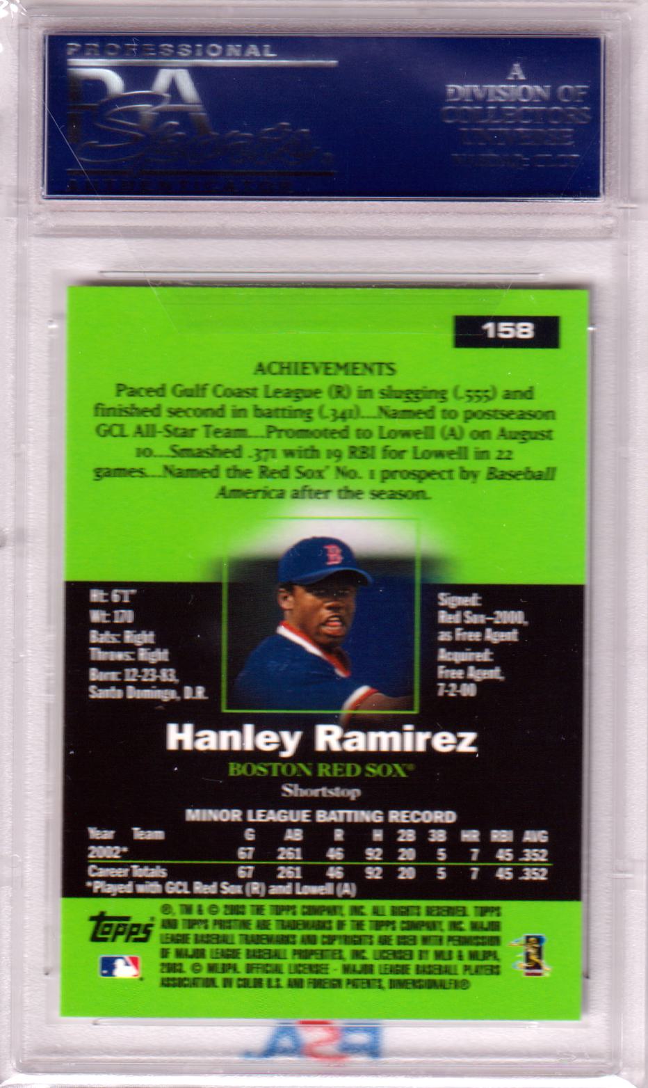 HANLEY RAMIREZ 2003 Topps Pristine #158 PSA 10 GEM MINT - RED SOX - Columbia Hobby - Sports Card Boxes - Toploaders - Card Savers