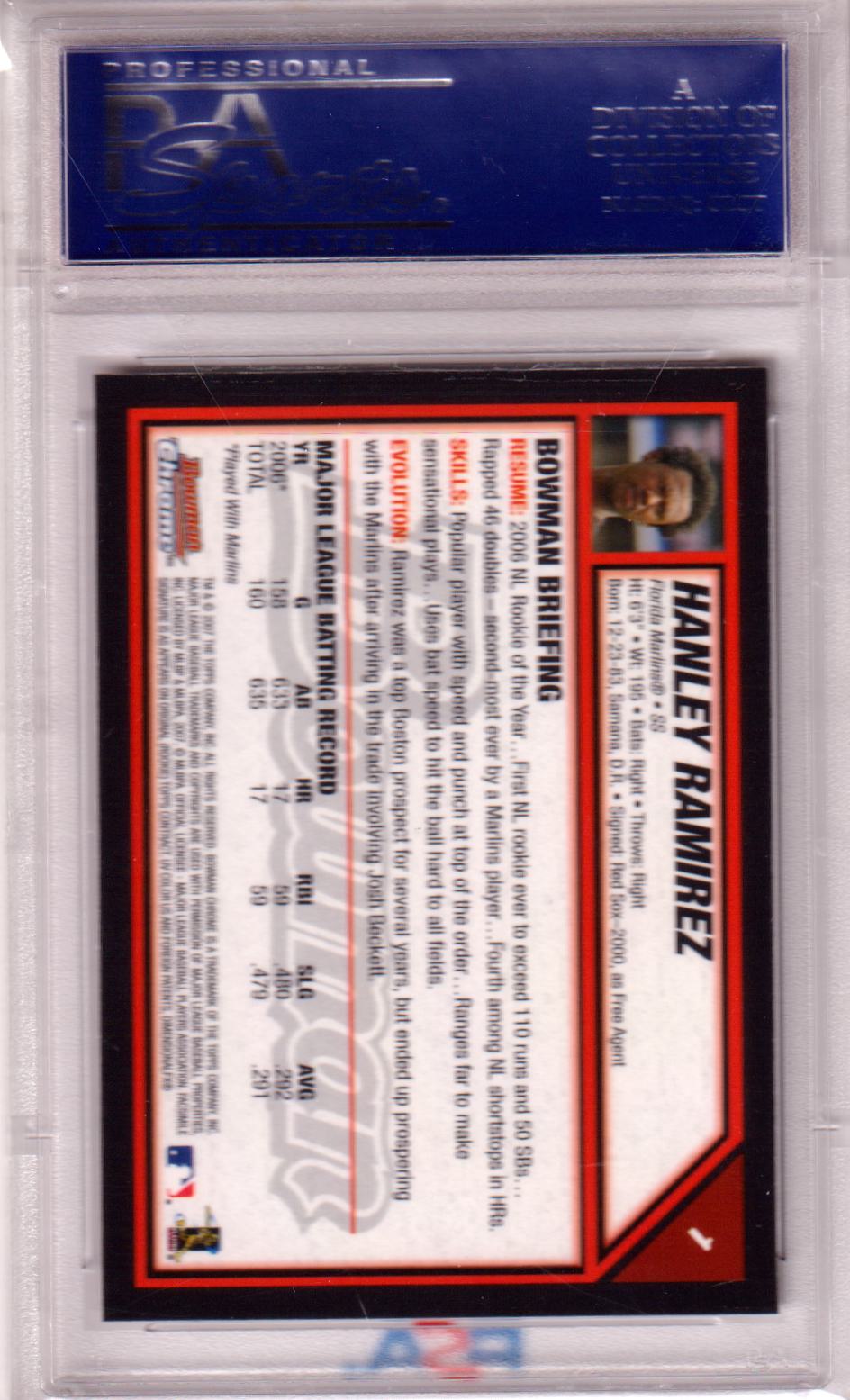 HANLEY RAMIREZ 2007 Bowman Chrome #1 PSA 10 GEM MINT Pop 3 - Columbia Hobby - Sports Card Boxes - Toploaders - Card Savers