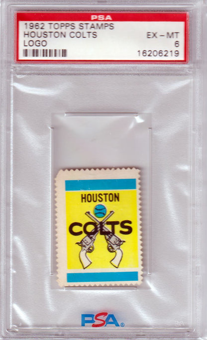 HOUSTON COLTS 1962 Topps Stamps Logo PSA 6 EX - MT - POP 3 - Columbia Hobby - Sports Card Boxes - Toploaders - Card Savers