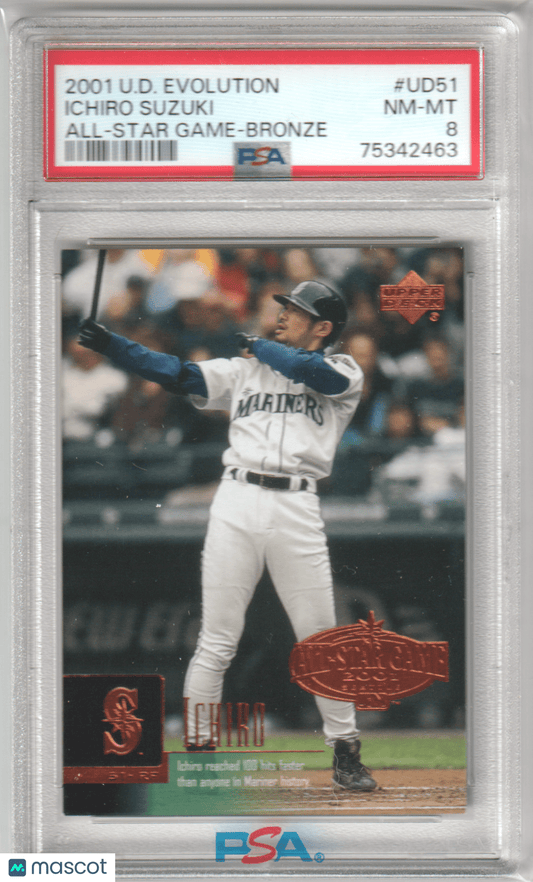 ICHIRO 2001 Upper Deck Evolution Ichiro Bronze RC Rookie UD51 PSA 8 NMMT Pop 4 - Columbia Hobby - Sports Card Boxes - Toploaders - Card Savers