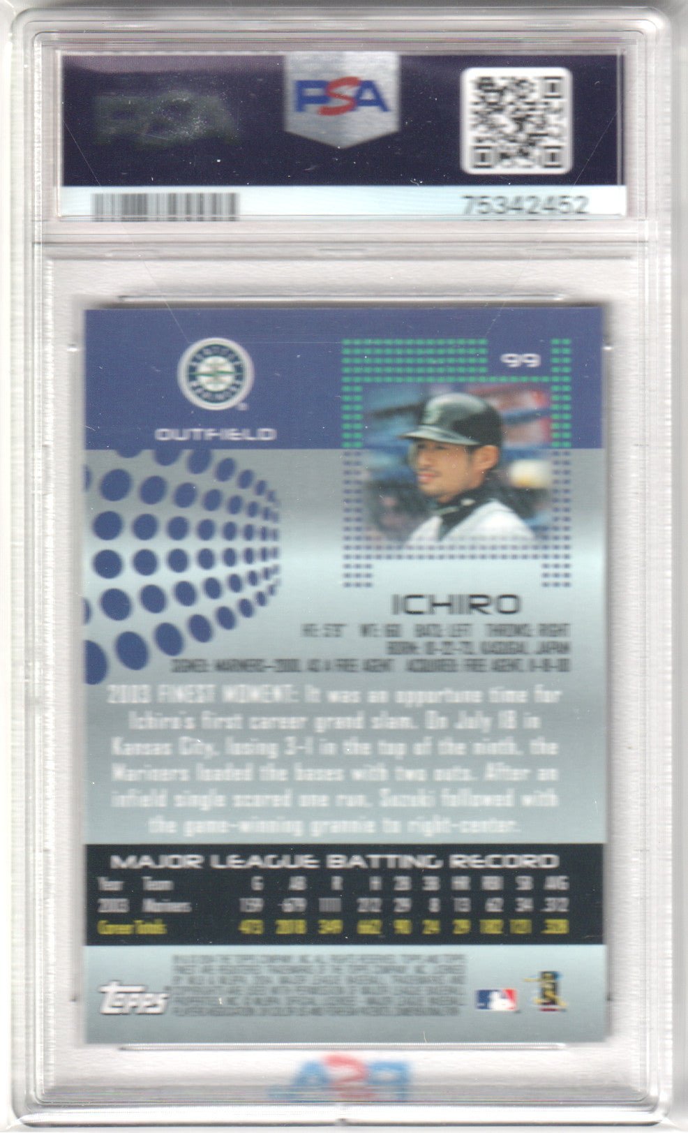 ICHIRO 2004 Topps Finest 99 PSA 8 NM - MT - MARINERS - Columbia Hobby - Sports Card Boxes - Toploaders - Card Savers