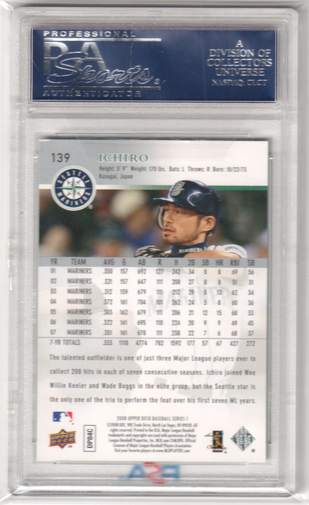 ICHIRO 2008 Upper Deck #139 PSA 10 GEM MINT - MARINERS - Columbia Hobby - Sports Card Boxes - Toploaders - Card Savers