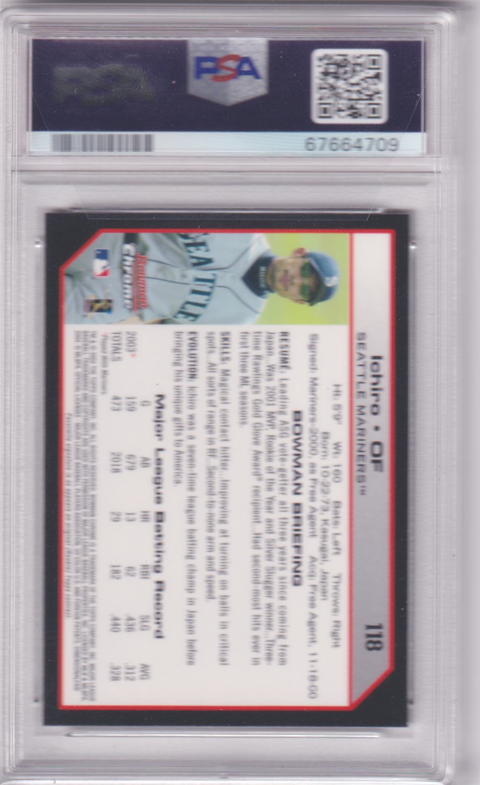 ICHIRO SUZUKI 2004 Bowman Chrome #118 PSA 10 GEM MINT - MARINERS Pop 7 - Columbia Hobby - Sports Card Boxes - Toploaders - Card Savers