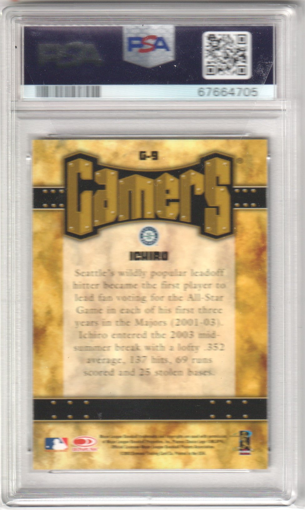 ICHIRO SUZUKI 2004 Leaf Gamers G - 9 PSA 10 GEM MINT - MARINERS Pop 2 - Columbia Hobby - Sports Card Boxes - Toploaders - Card Savers