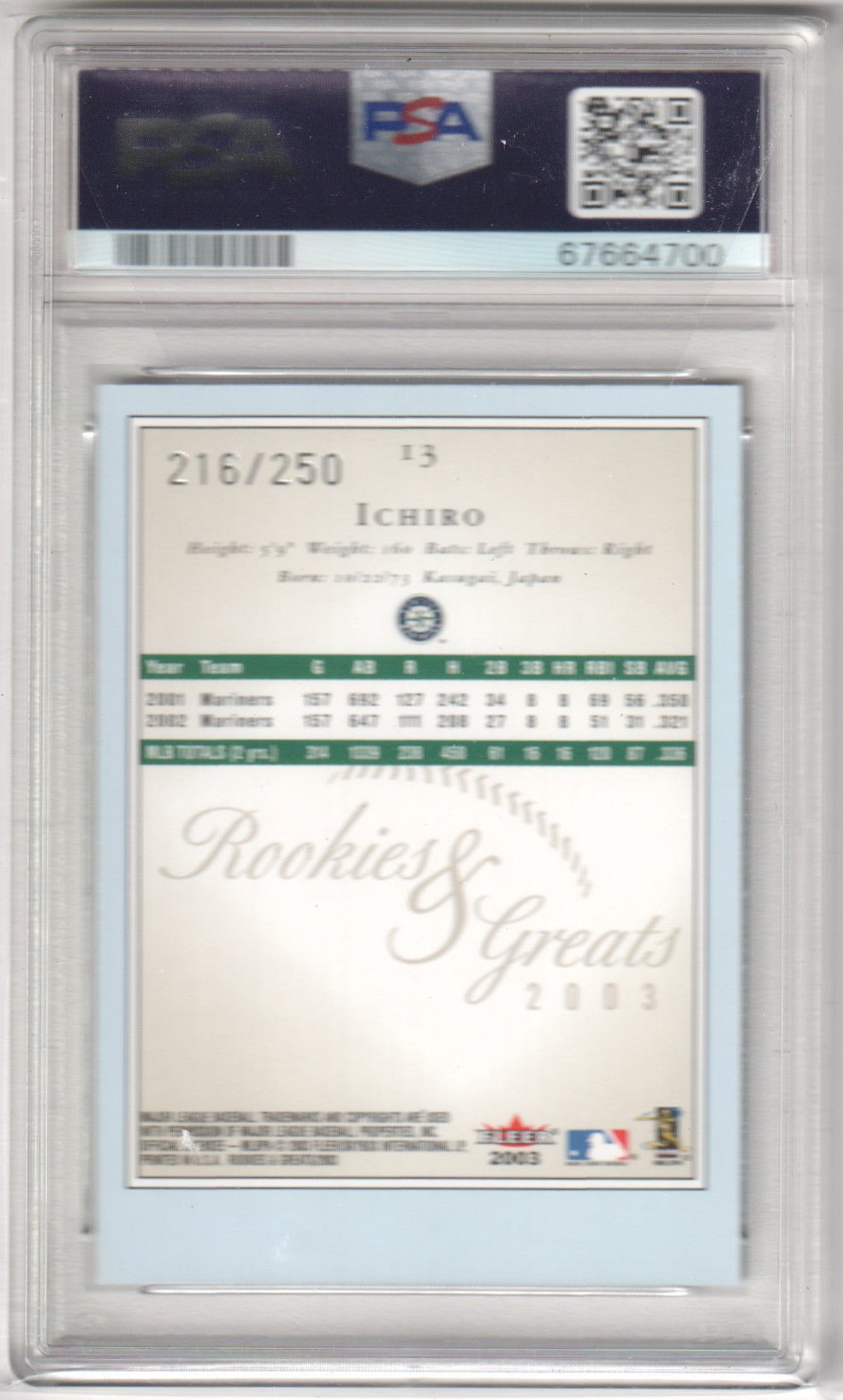 ICHRIO SUZUKI 2003 Fleer Rookies & Greats Blue /250 PSA 10 GEM MINT Pop 2 - Columbia Hobby - Sports Card Boxes - Toploaders - Card Savers