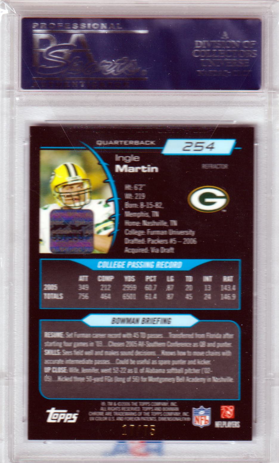 INGLE MARTIN 2006 Bowman Chrome RC #254 Blue Refractor Autograph PSA 10 PACKERS - Columbia Hobby - Sports Card Boxes - Toploaders - Card Savers