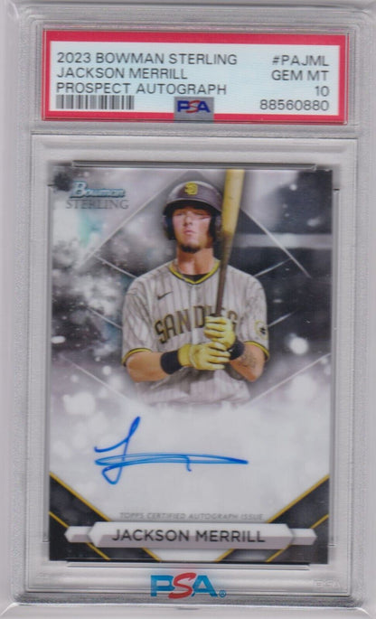 JACKSON MERRELL 2023 Bowman Sterling RC Rookie Autograph Auto PSA 10 GEM PADRES - Columbia Hobby - Sports Card Boxes - Toploaders - Card Savers