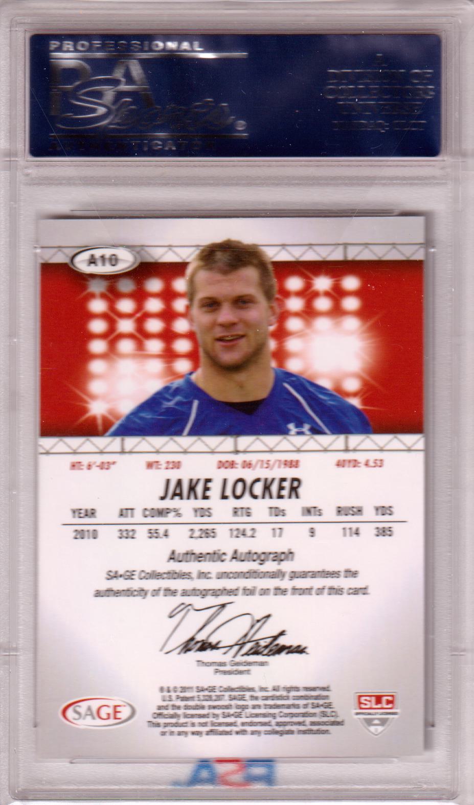 JAKE LOCKER 2011 Sagee Hit Autographs #A10 PSA 10 GEM MINT Pop 1 - Columbia Hobby - Sports Card Boxes - Toploaders - Card Savers