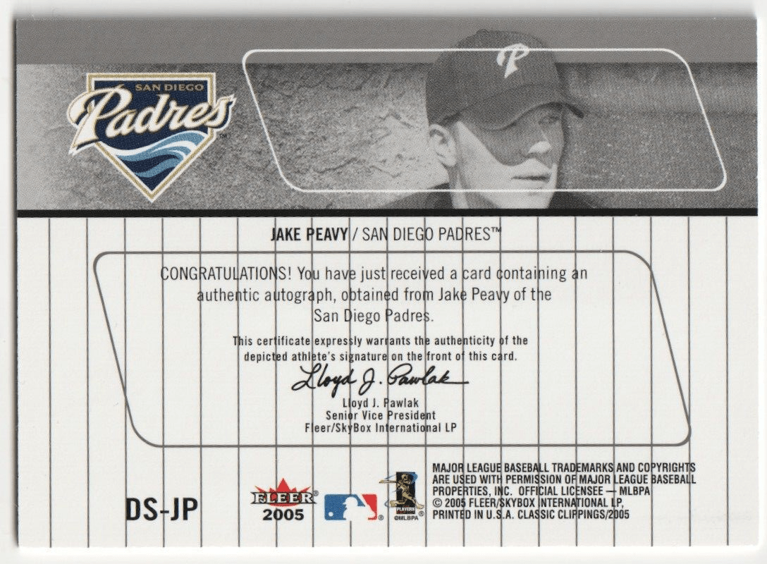 JAKE PEAVY 2005 Fleer Classic Clippings Autograph Auto Blue Foil - PADRES - Columbia Hobby - Sports Card Boxes - Toploaders - Card Savers