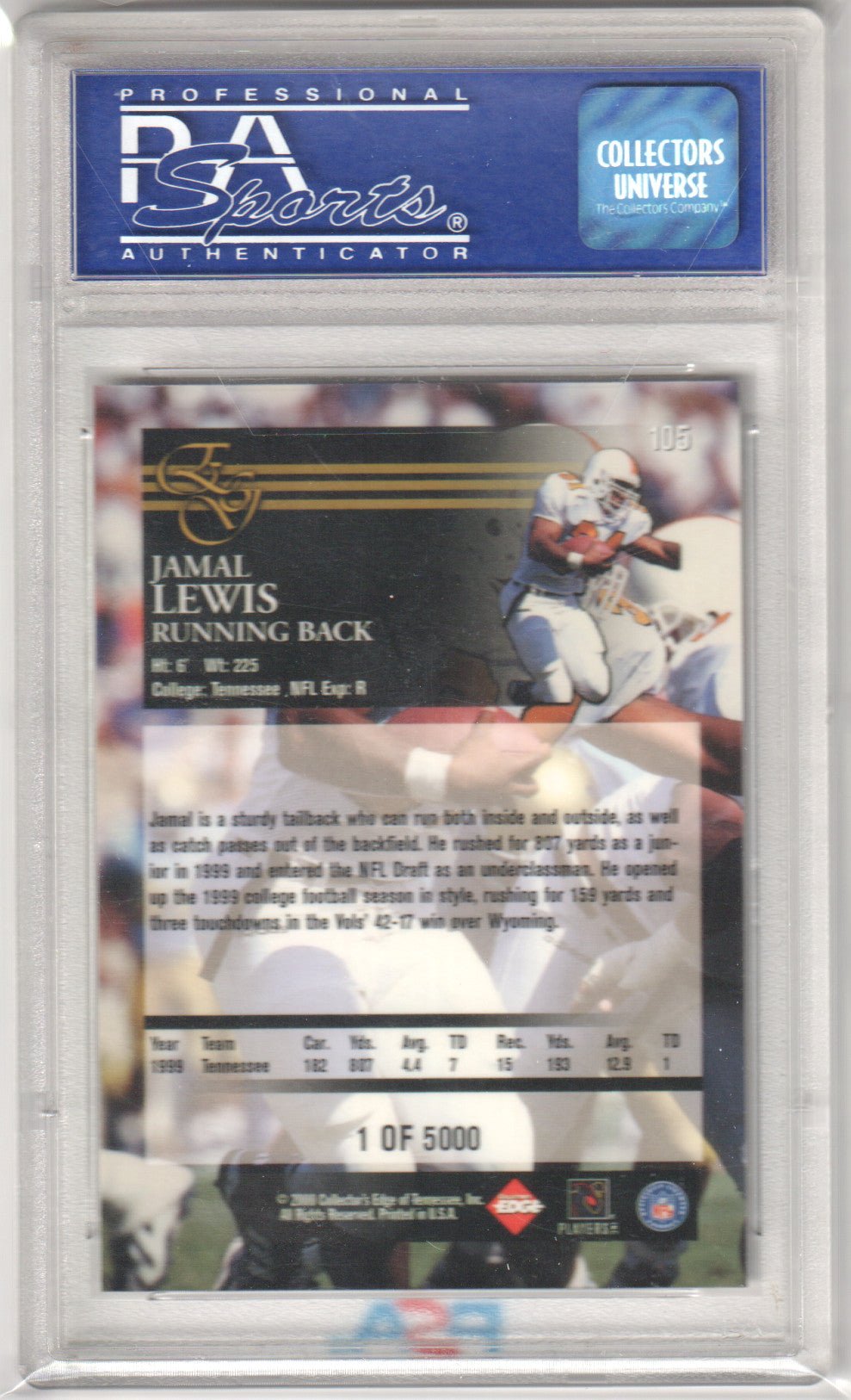 JAMAL LEWIS 2000 Collector's Edge Graded 105 Uncirculated PSA 10 GEM MINT - Columbia Hobby - Sports Card Boxes - Toploaders - Card Savers