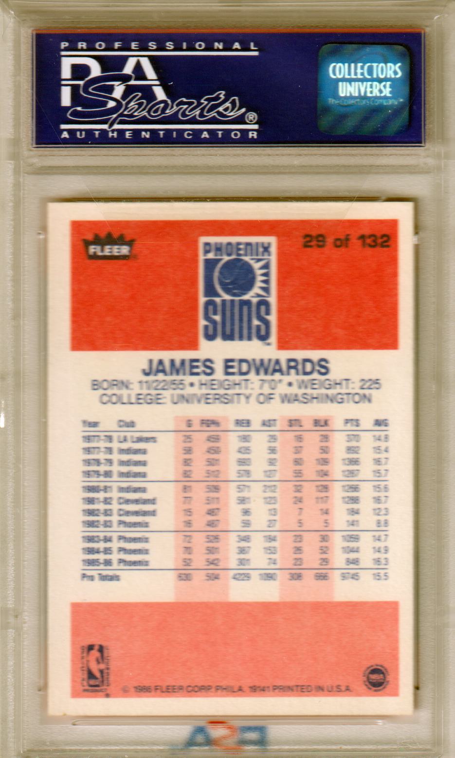 JAMES EDWARDS 1986 Fleer #29 PSA 9 MINT - SUNS - Columbia Hobby - Sports Card Boxes - Toploaders - Card Savers