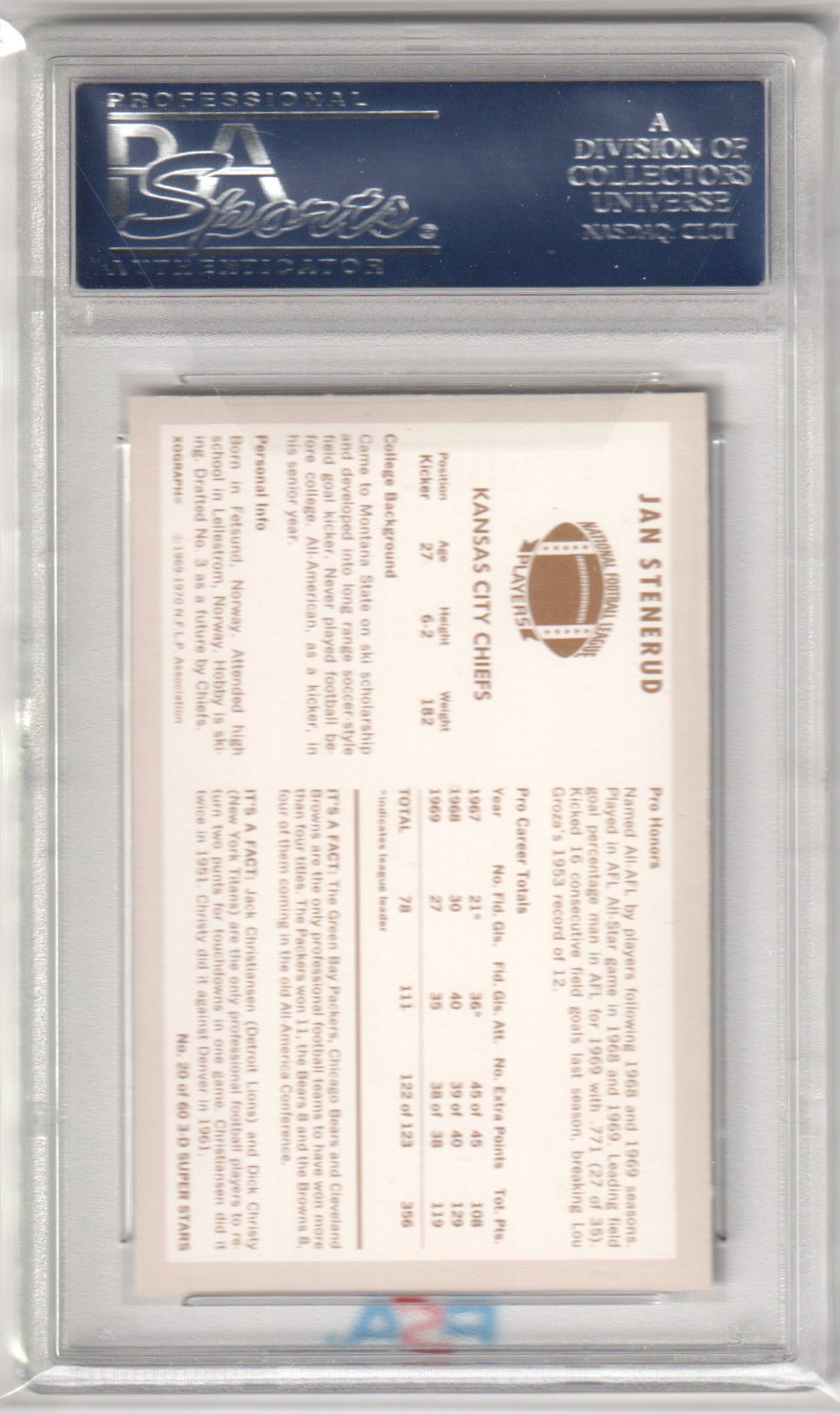 JAN STENERUD 1970 Kellogg's 20 PSA 9 MINT - CHIEFS - Columbia Hobby - Sports Card Boxes - Toploaders - Card Savers