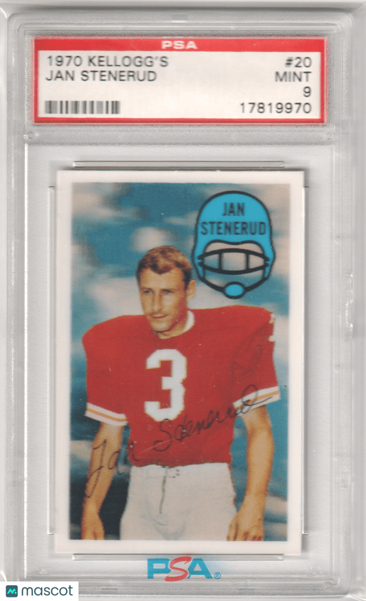 JAN STENERUD 1970 Kellogg's 20 PSA 9 MINT - CHIEFS - Columbia Hobby - Sports Card Boxes - Toploaders - Card Savers