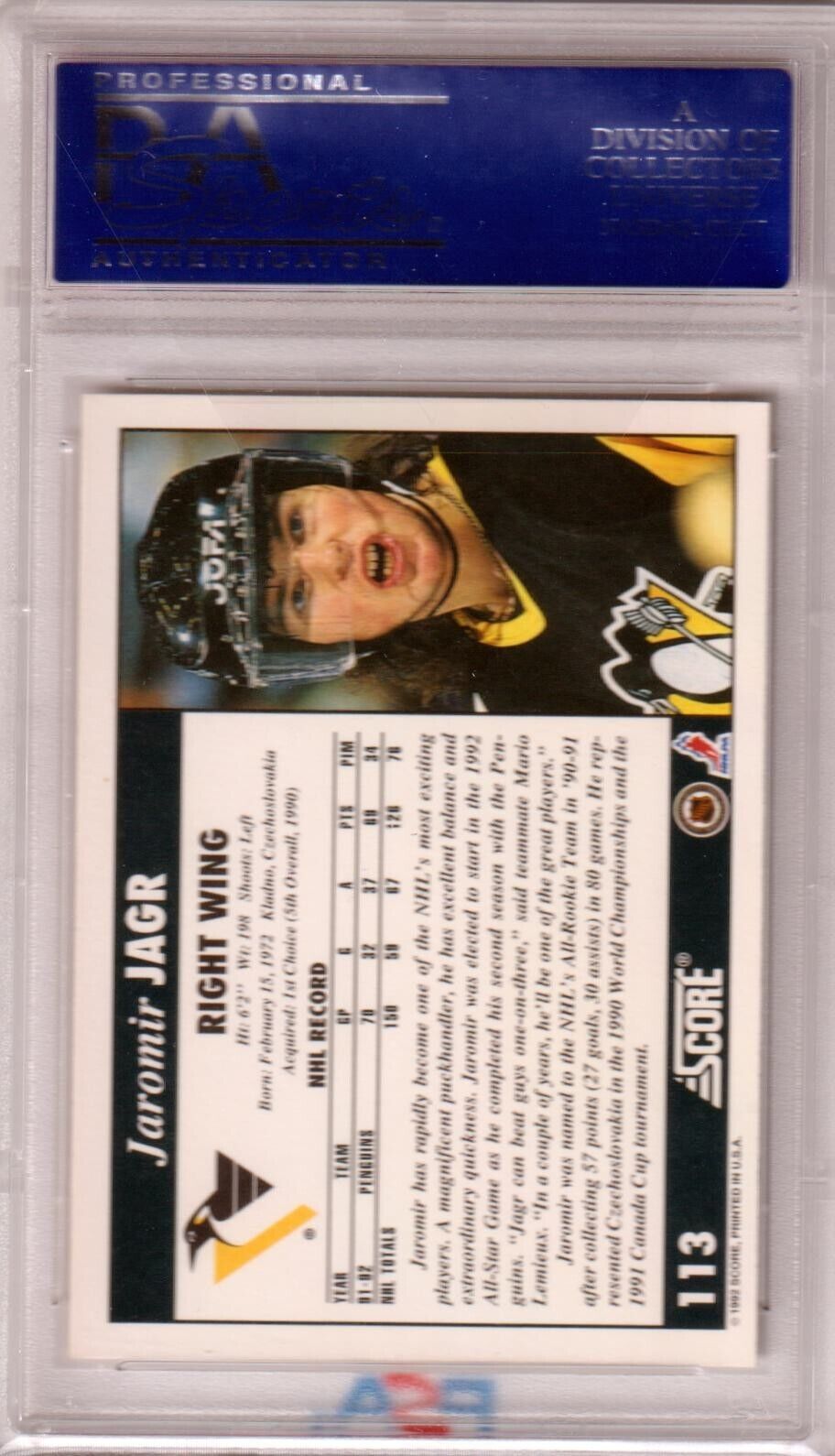 JARAMIR JAGR 1992 Score #113 PSA 10 GEM MINT - PENGUINS - Columbia Hobby - Sports Card Boxes - Toploaders - Card Savers