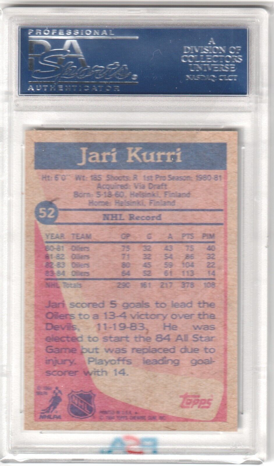 JARI KURRI 1984 - 85 Topps #52 PSA 9 MINT - OILERS - Columbia Hobby - Sports Card Boxes - Toploaders - Card Savers